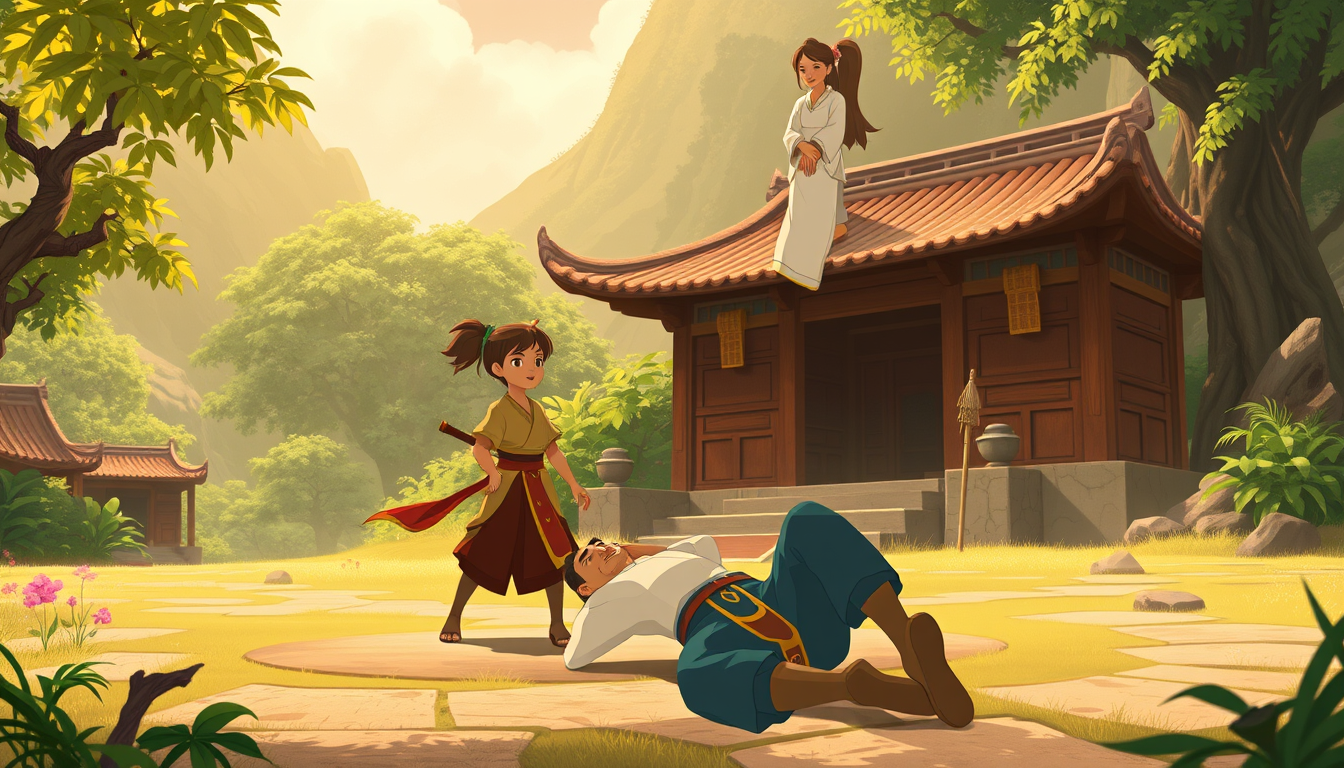 Main art studio: Leon and Lina come to Shifu. Leon: “Shifu, we’re ready to learn kung fu!” Lina: “We want to protect our village.” Shifu: “Then your first lesson begin