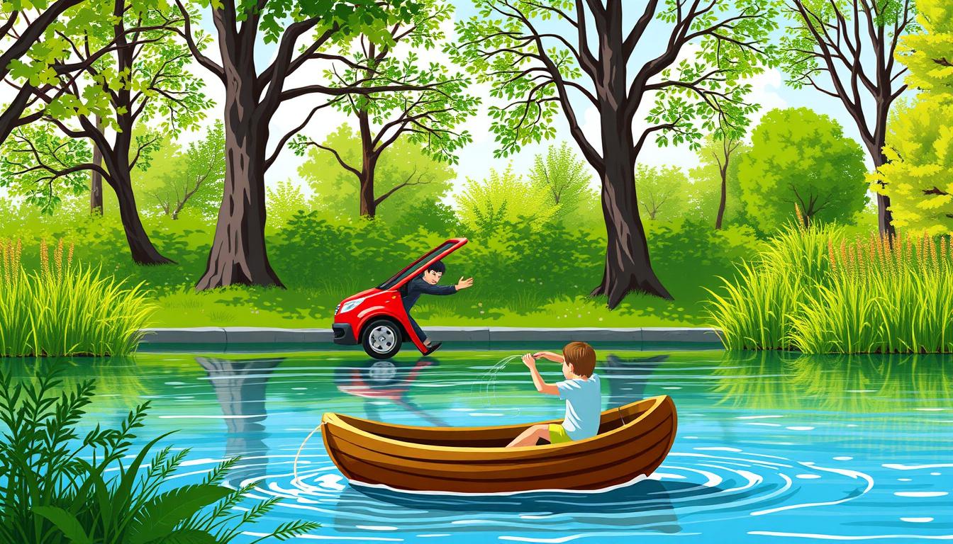 Main art studio: Today is very sunny and hot weather. My family has got a big red car. We drive a car to the green park. The park has got a big blue river with a brown
