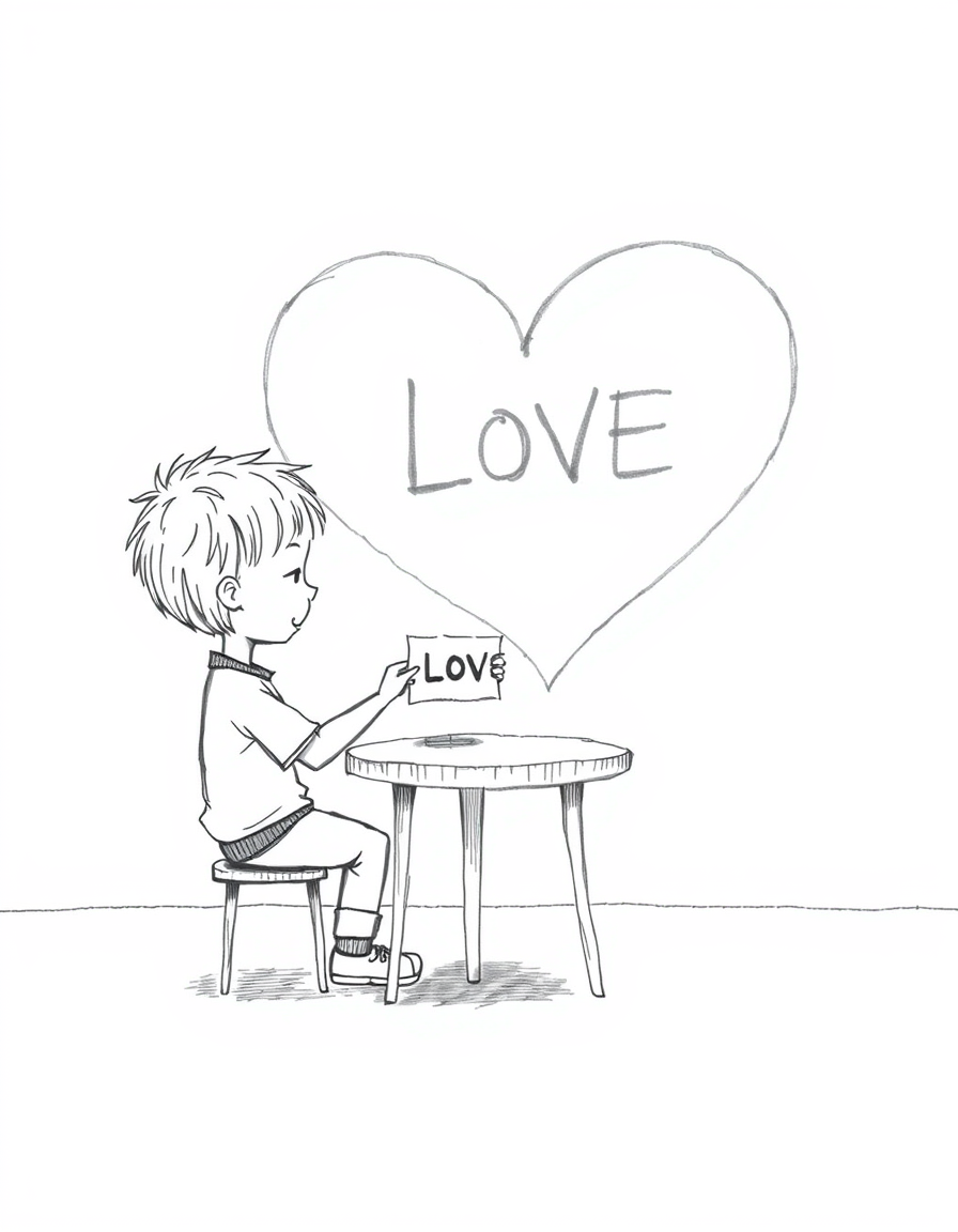 Main art studio: A simple black-and-white pencil sketch, like a child casually drew it. A little boy sits alone at a small table, holding a tiny piece of paper with th