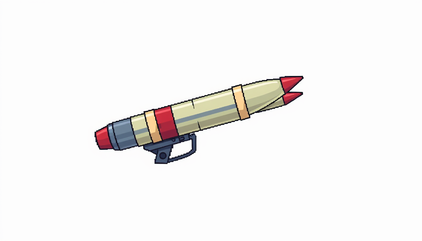 Sprites idea: pixel art game sprite, clean pixel grid, retro 16-bit palette, 2D side view game sprite, left-facing, triple-barrel rocket launcher made from three ba