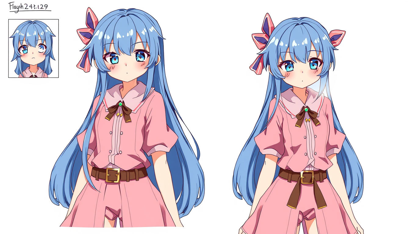 Characters idea: original character design, detailed outfit and accessories, expressive personality, blue hair, long hair, pretty girl. blue eyes, pink clothes about 1