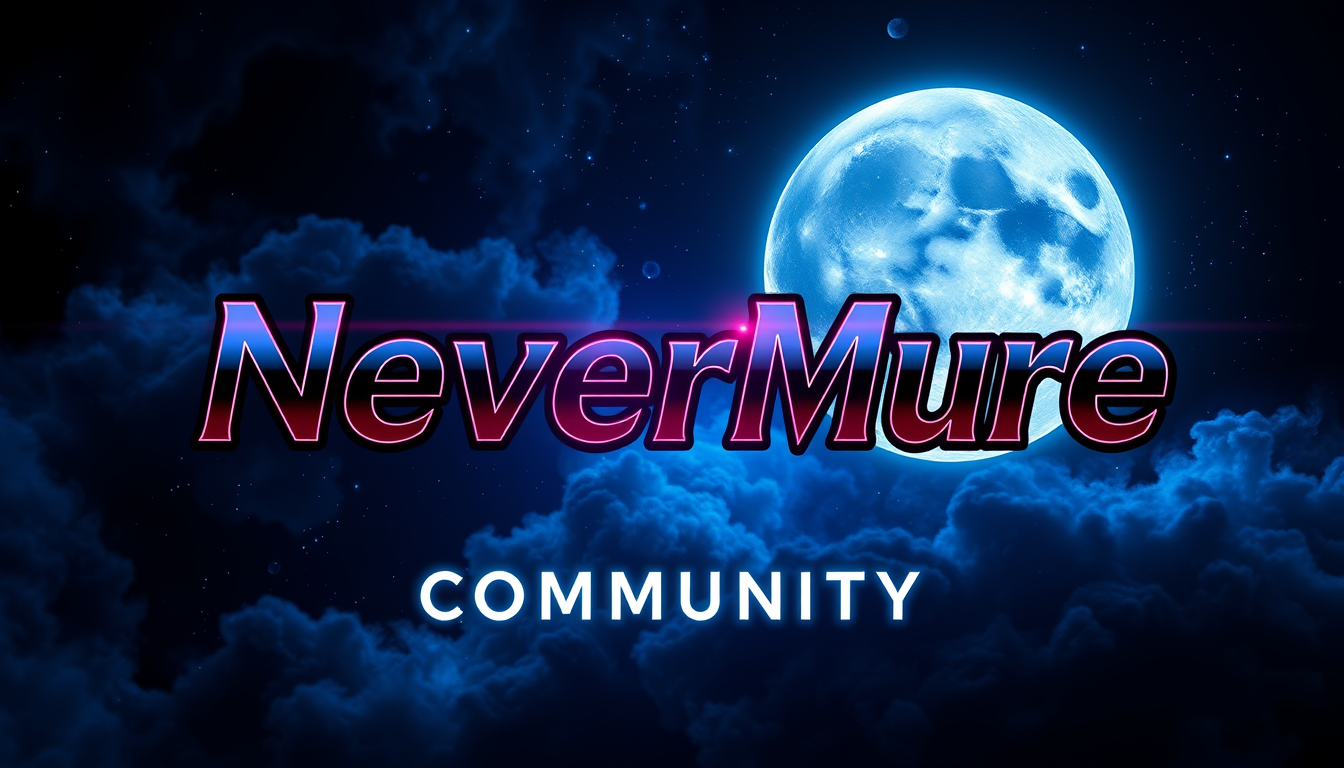 Main art studio: Un banner premium pentru server Discord, stil dark modern, cu accente mov și albastru neon, fundal cosmic cu fum, particule luminoase și efecte de lum