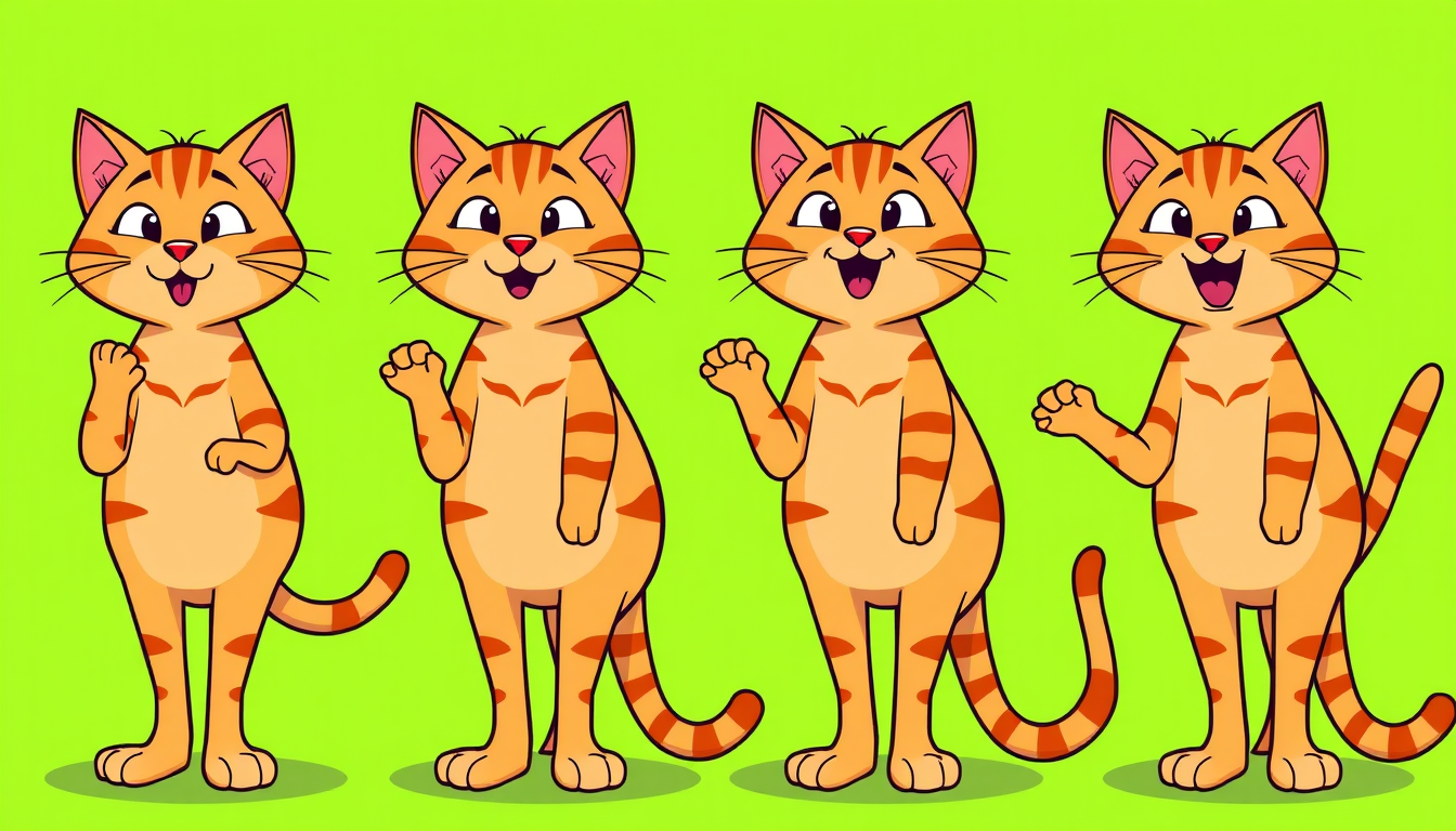 Main art studio: 4 identical cartoon cats, exact same character, exact same body and head size, same proportions, same colors and same style. Full body, exactly 4 legs