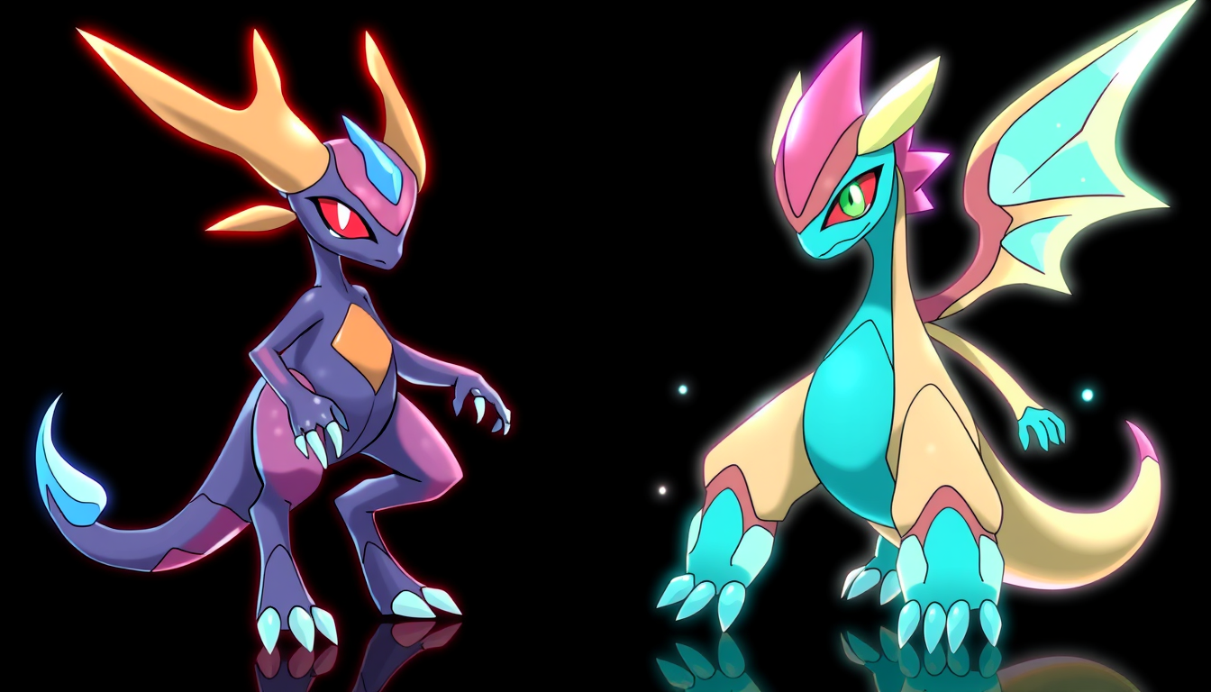 AI Art prompt example created from the prompt: you know the pokemon armarouge and ceruledge? I hate their shinies, so generate an image of the both of them with swapped colour pallets for