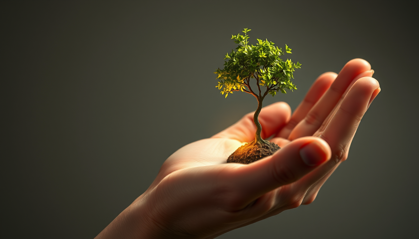 Main art studio: Eine menschliche Hand hält einen kleinen, leuchtenden Samen. Aber aus dem Samen wächst ein Baum. ein teil der hand zerfällt in ein binären code