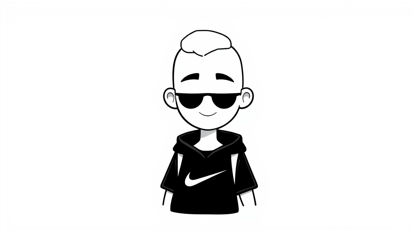 Cartoon Avatar idea created from the prompt: cartoon avatar, head-and-shoulders, bold outlines, flat shading, un personnage couleur de peau blanc habillé en noir nike , social-media-rea