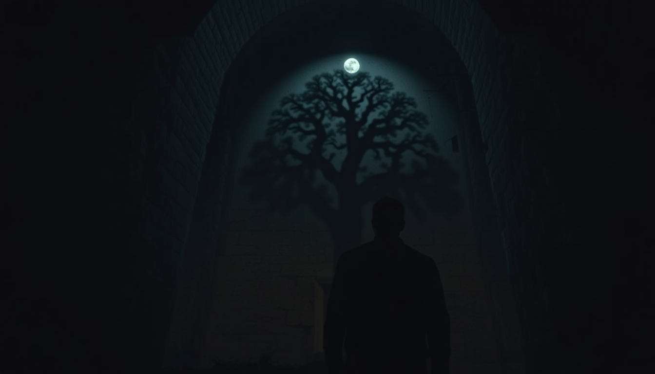 Main art studio: An adult visitor inside an ancient stone ruin at night, looking toward a tree-shaped shadow on the wall, dim natural moonlight, no supernatural figure