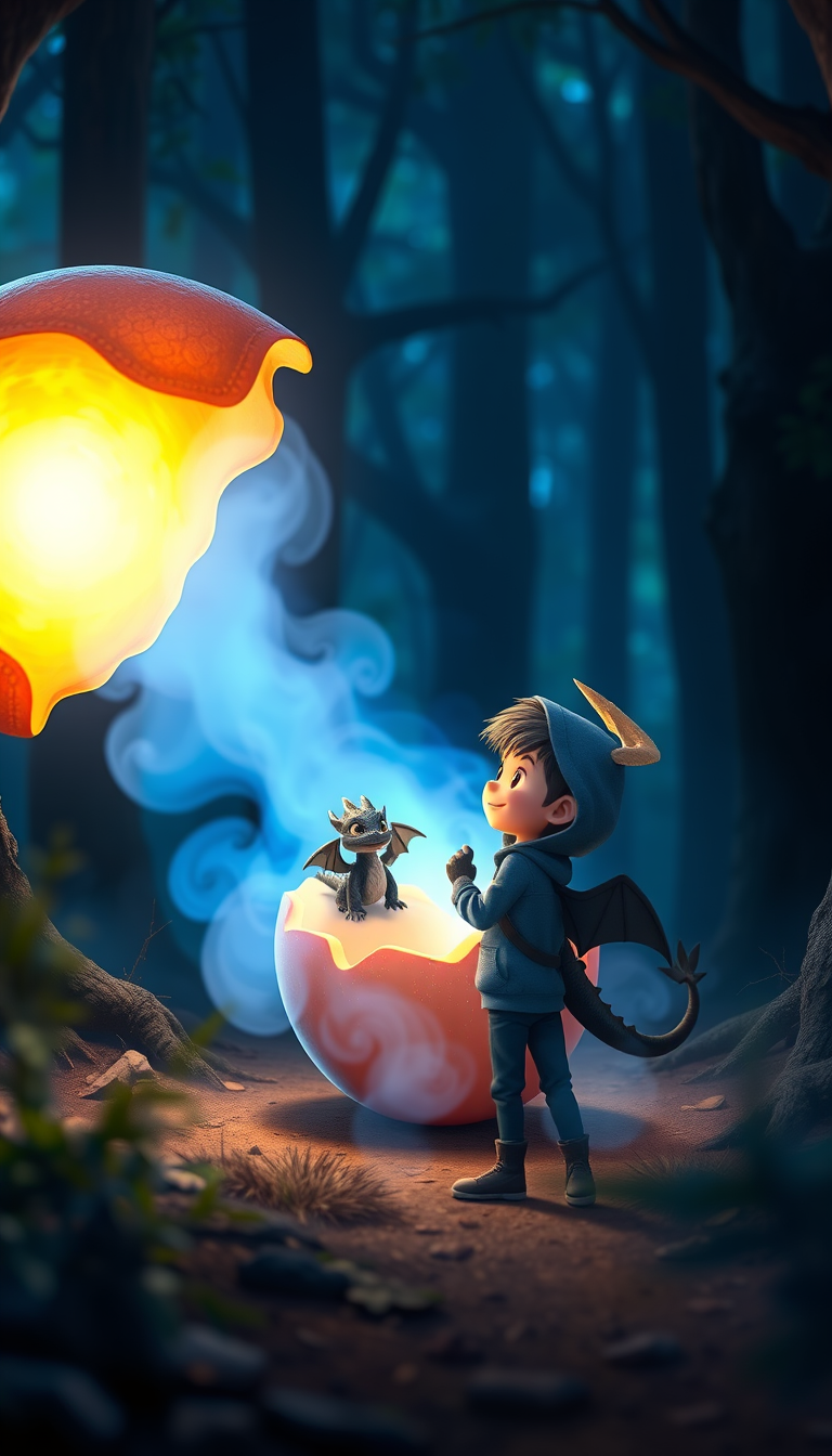 Characters idea: an original character defined by silhouette, role, outfit, palette, and expression, deliberate composition, 3D cartoon animation. The glowing dragon e