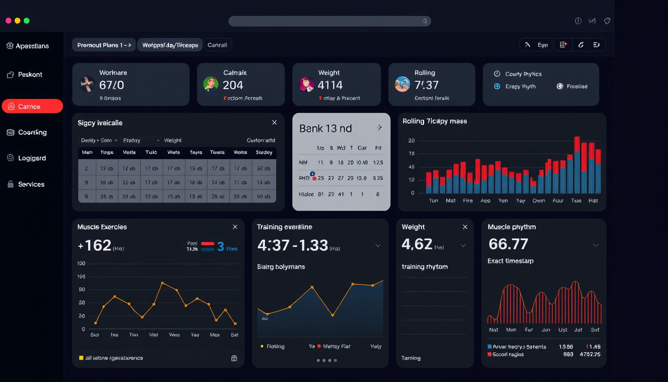 Main art studio: Create a premium dark desktop UI for a private owner-only fitness intelligence app. Show a unified dashboard with Workout Plans 1–7+, Plan 4 containin