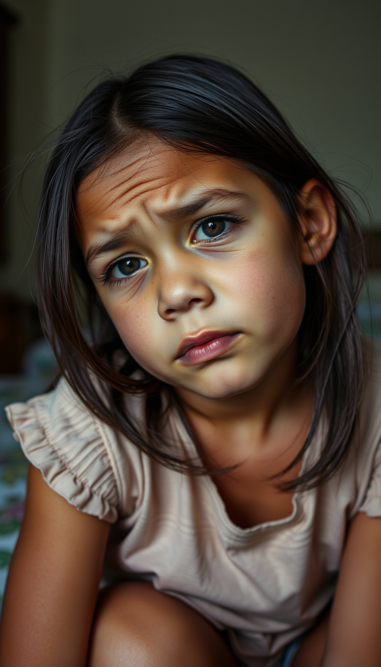 Main art studio: dark tanned 10 year old with girl dark brown hair sitting in a bedroom, head tilted down, very wrinkly, lots of wrinkles, wrinkled nose, wrinkles all 