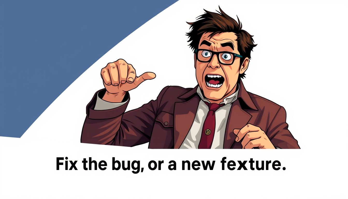 Meme idea created from the prompt: meme image, bold funny visual, exaggerated expressive subject, space for caption, two buttons sweating meme: fix the bug or add a new featur