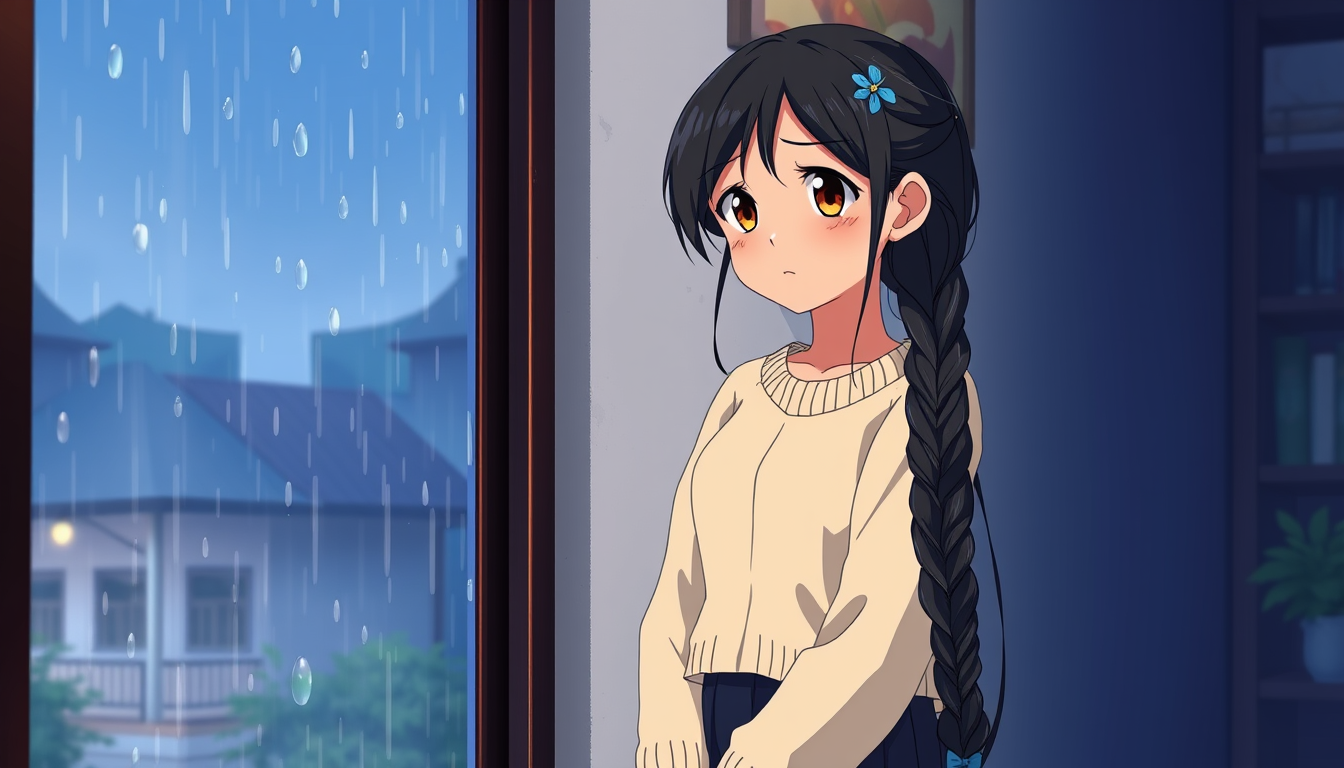 Anime idea: anime style, vibrant colors, expressive eyes, Original anime illustration of Meera, an 18-year-old Indian girl with a long black braid, a small blue h