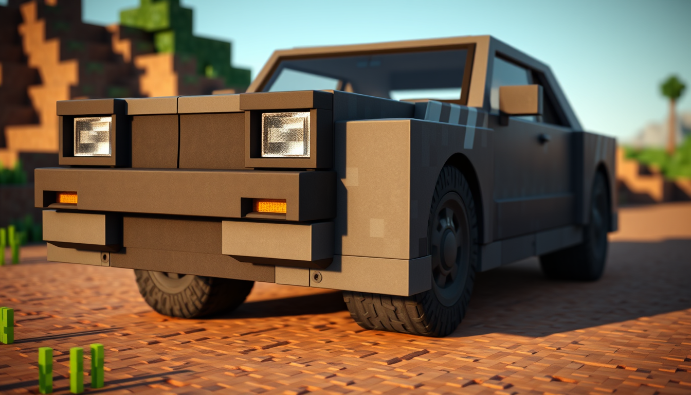 AI Art prompt example created from the prompt: A highly realistic Minecraft-style car parked on a simple Minecraft dirt road, fully blocky design with authentic Minecraft textures, realis
