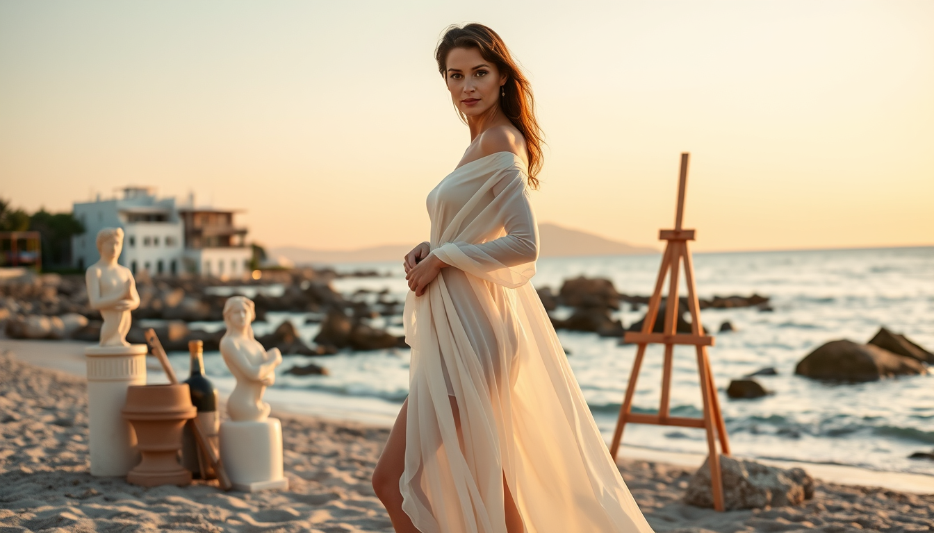 Main art studio: Fine-art photograph, adult female art model, barefoot and confident, standing on a Mediterranean beach near Saint-Tropez at golden hour. Elegant ivory