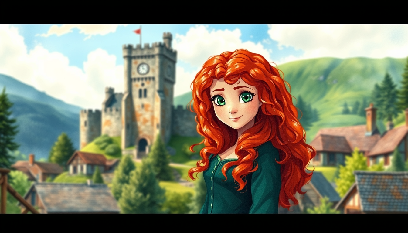 Main art studio: Merida stands in the beautiful village of DunBroch. She is a teenage Scottish princess with long curly bright red hair, green eyes, and a dark green m