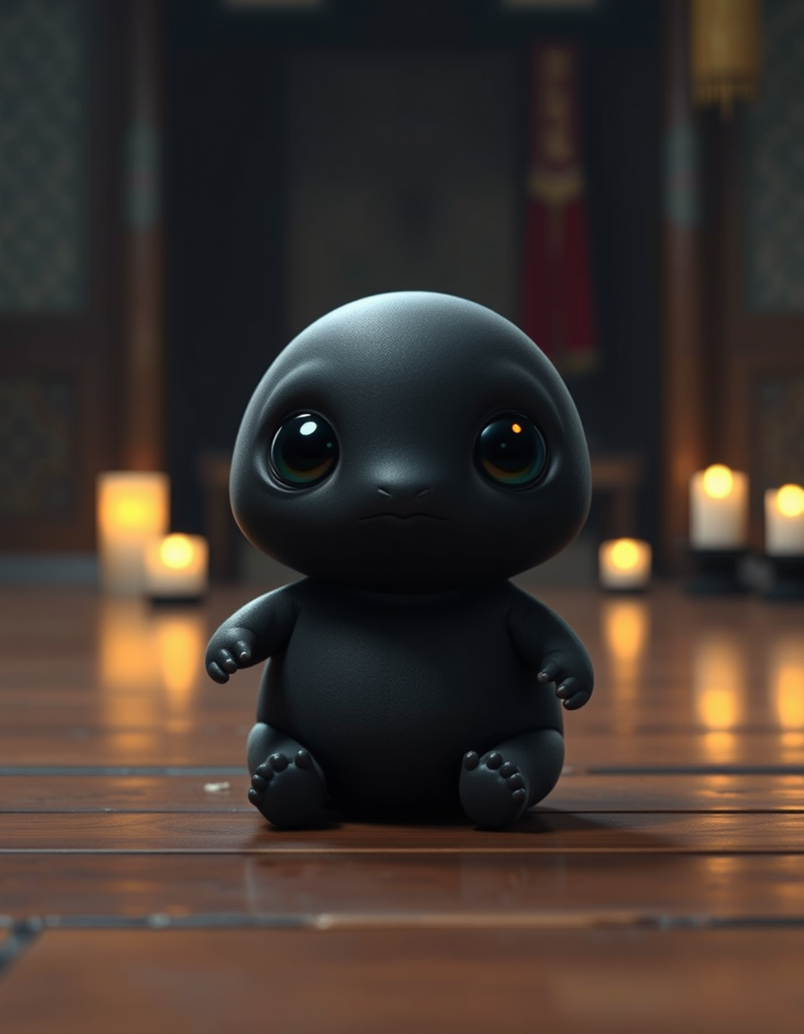 AI Art prompt example created from the prompt: A tiny, round, chubby black creature with a smooth charcoal-black body, very large glossy black eyes, tiny arms and short legs. Cute and mys