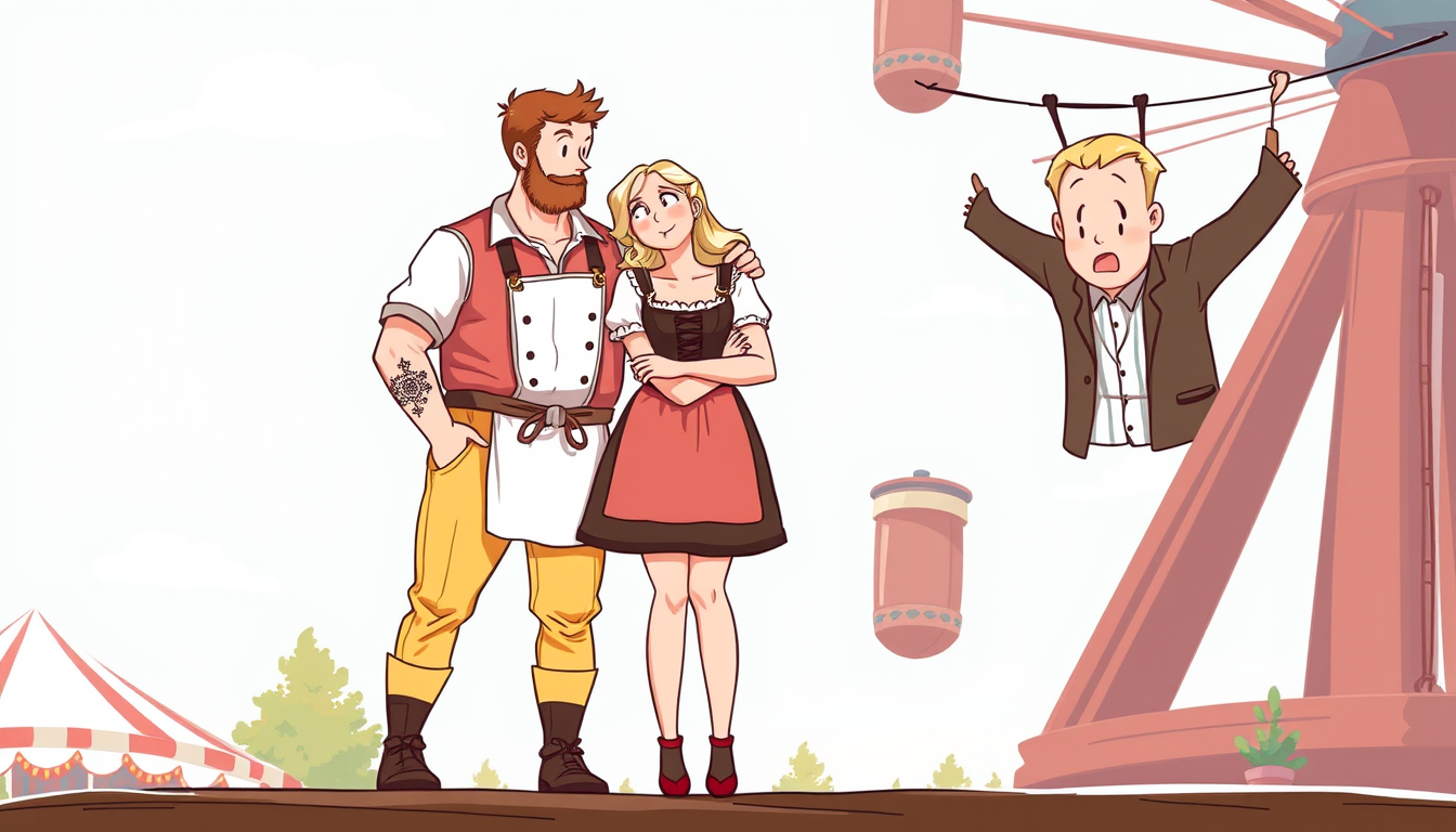 Main art studio: Rosenheimer Herbstfest als lustige Illustration. Ein braunhaariger Mann in heller Hirschlederhose und weißem Hemd steht verliebt neben einer etwas kle