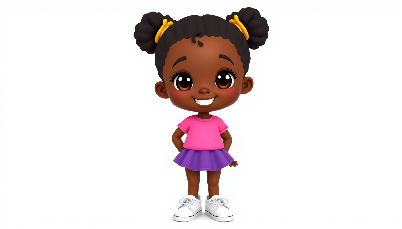 Main art studio: Cute 4-year-old African girl, dark brown skin, big warm brown eyes, round friendly face, small nose, wide happy smile, short black curly hair in two c