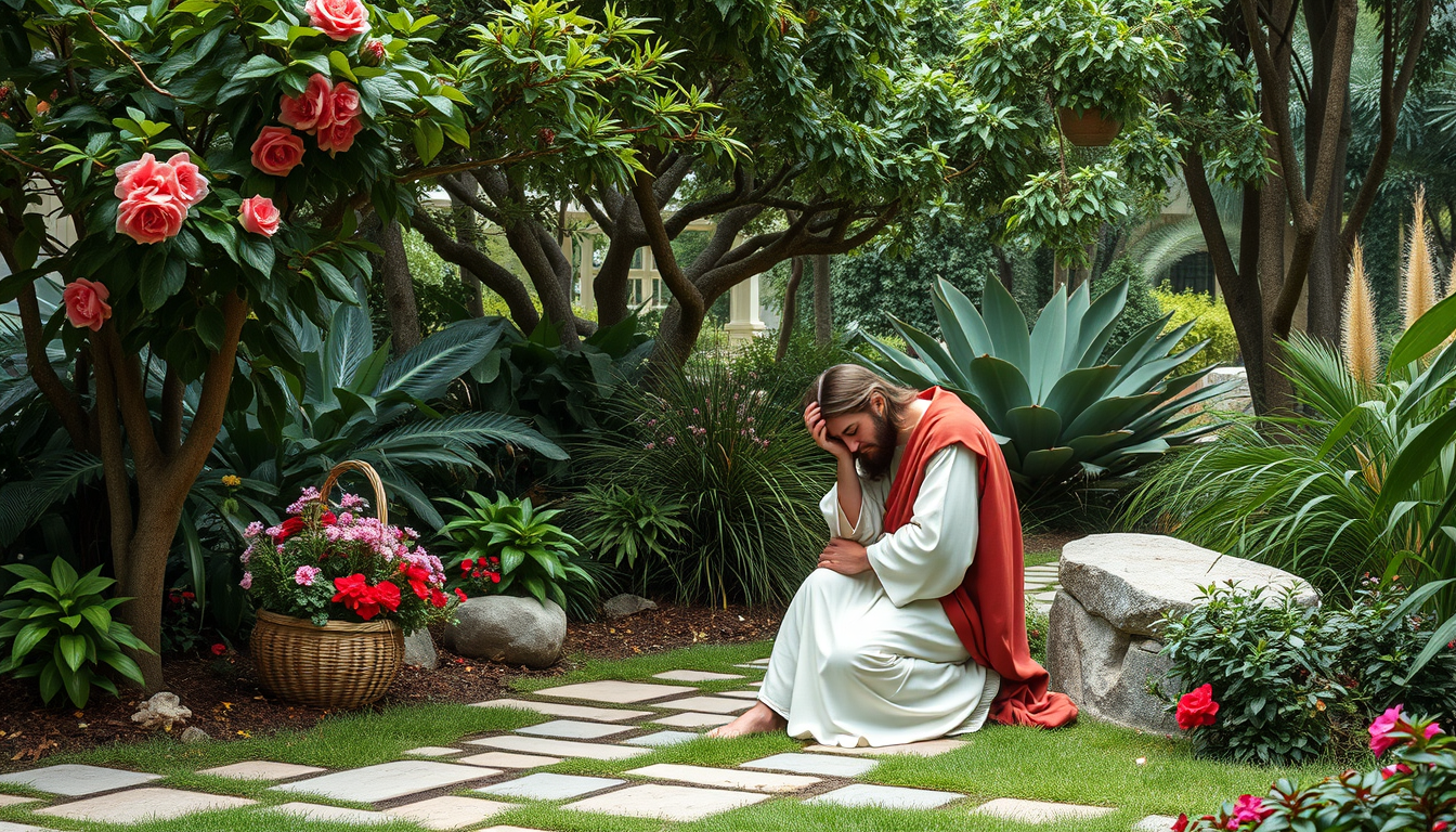 Main art studio: Garden of gethsemane with Jesus kneeling in pain. Happy colors, and clean, modern art, Jesus only in a he pictures