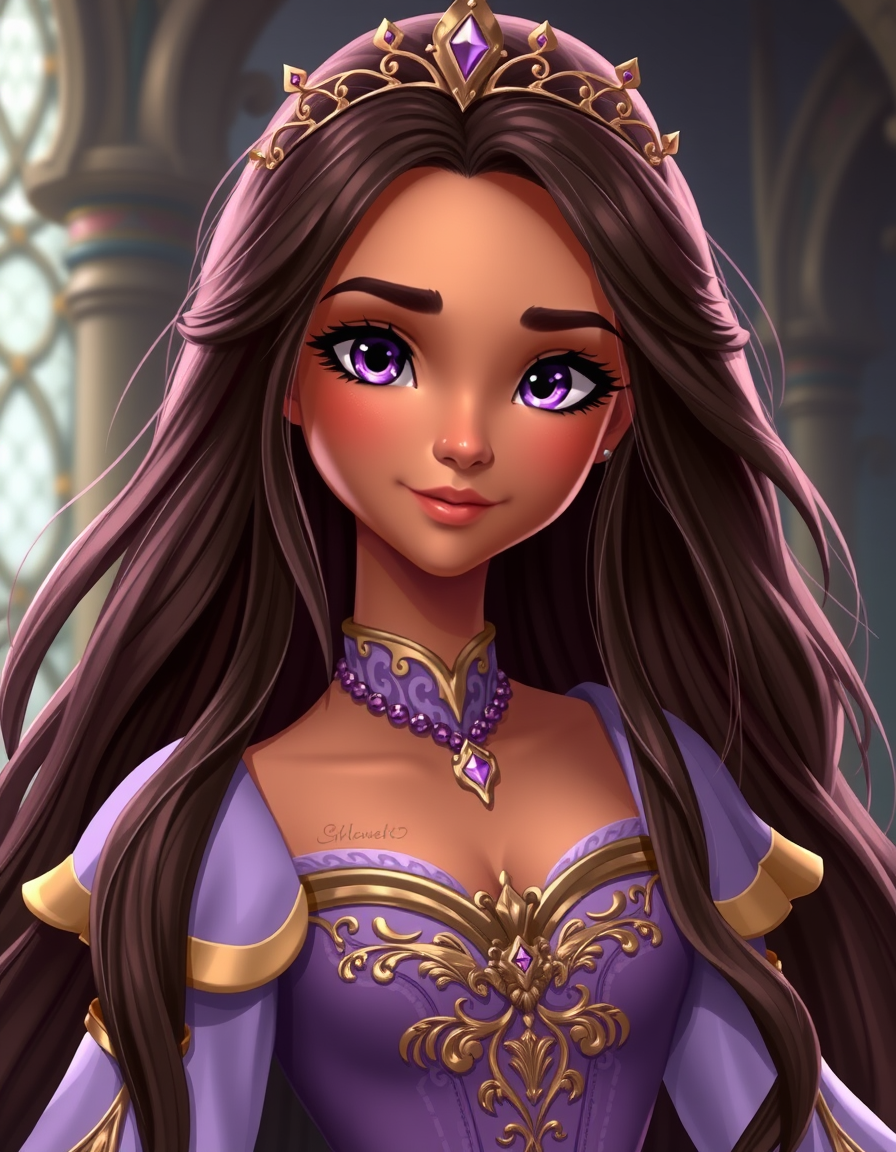 Main art studio: Elegant beautiful fantasy queen, warm caramel skin, very long dark-brown hair with subtle silver strands, violet eyes, gentle and graceful expression,
