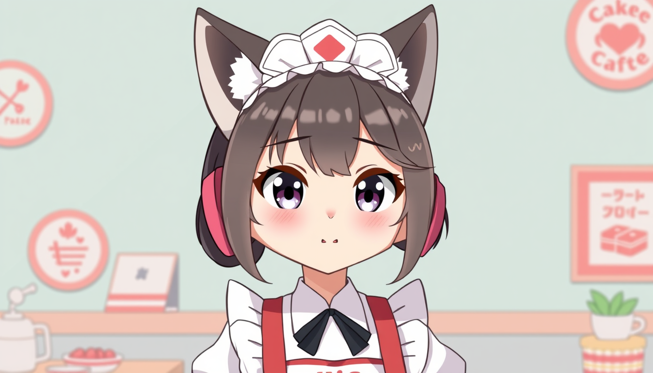 VTuber idea: vtuber avatar character, anime style, expressive face, streaming-ready design, a cute wolf girl who works in a maid cafe , clean vtuber model illustra