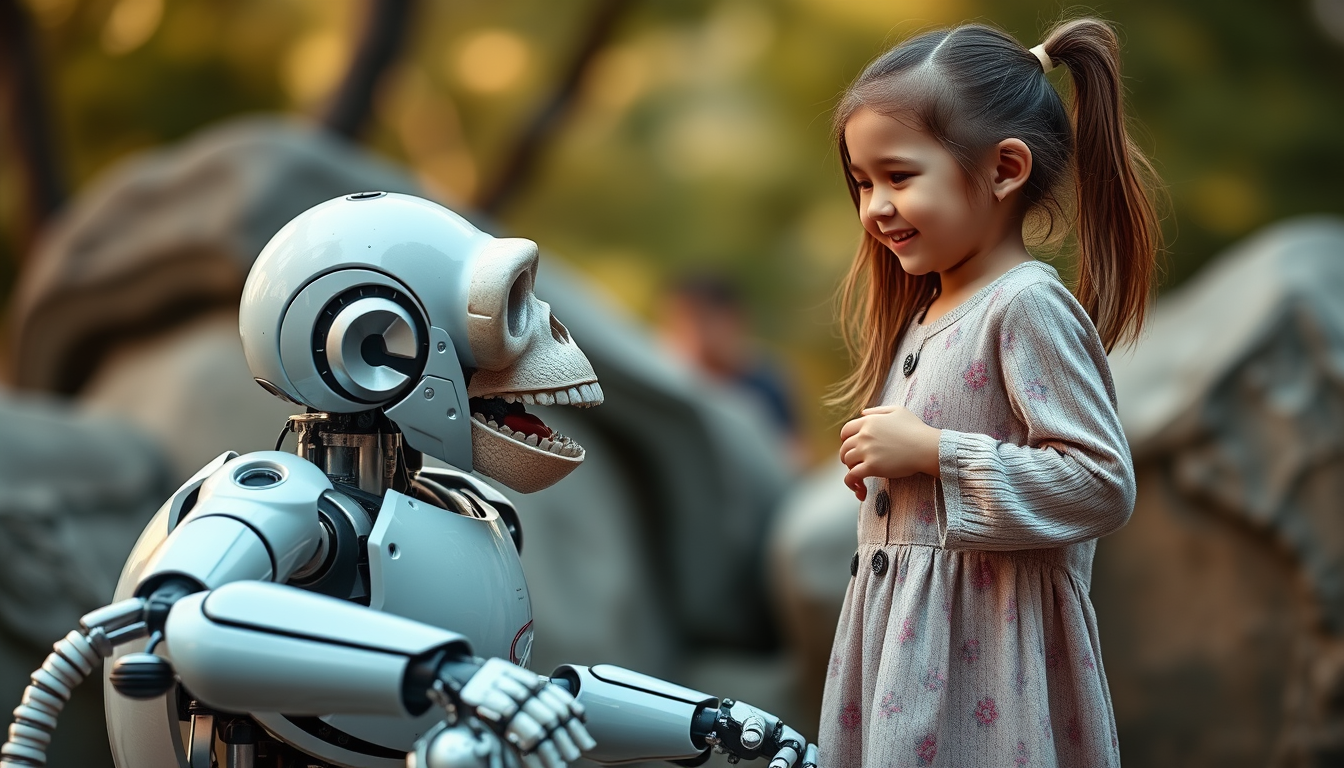 Main art studio: make that the robotic monkey is dead and the girl is standing with one leg on him and is smiling