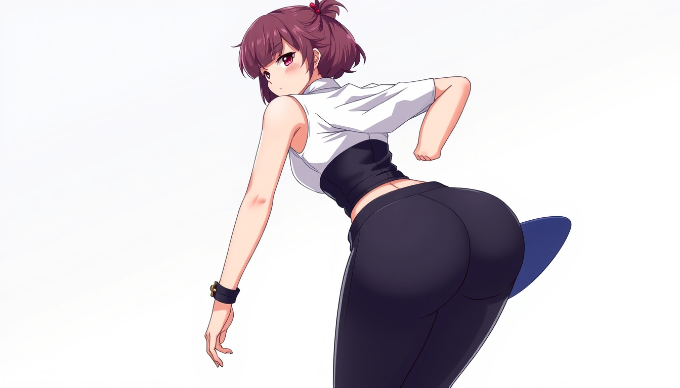 Anime idea: anime style, vibrant colors, expressive eyes, Adult anime woman, stylized curvy proportions, wide hips, narrow waist, thick thighs, full-body characte