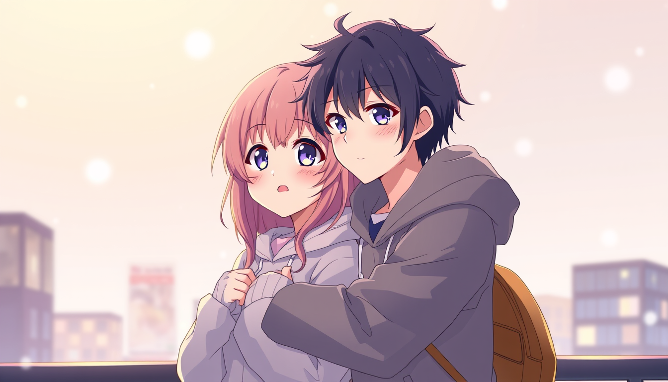 Main art studio: Shoujo anime style couple pose hug+watching together again with lovely eyes wearing hoodie n smiling