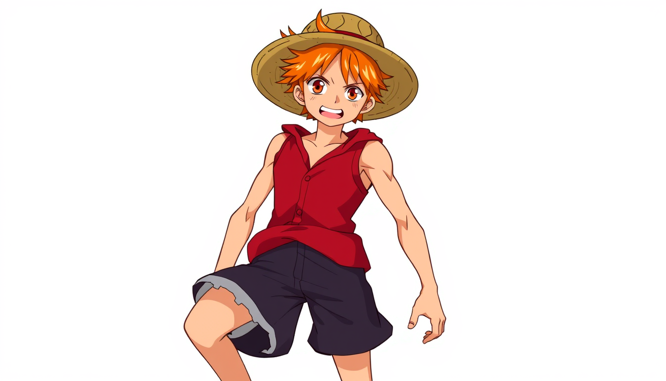 Anime idea: anime style, vibrant colors, expressive eyes, Create Luan, the 17-year-old son of Luffy and Nami from One Piece. He has bright orange, slightly messy