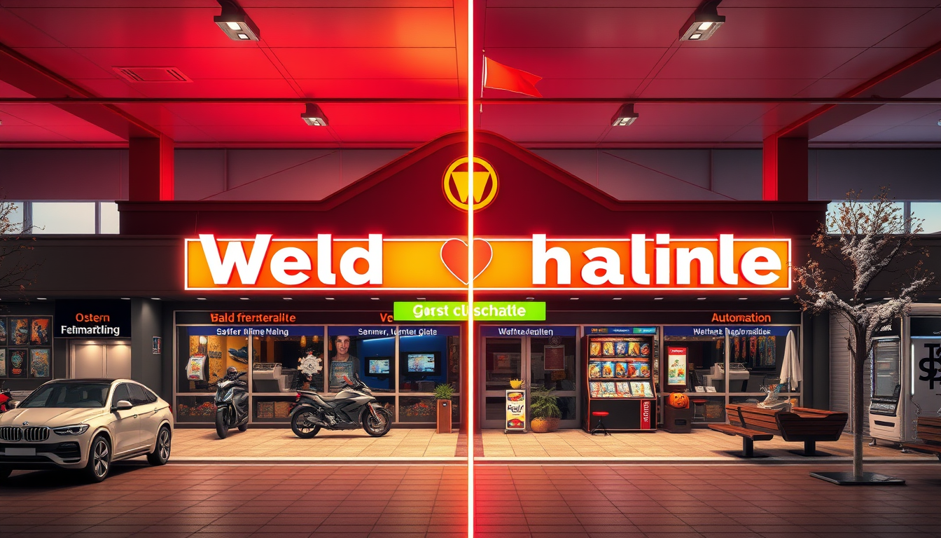 Main art studio: Realistisches, wehmütig-herzliches Plakat einer bald schließenden Spielhalle. Daer Gebäudehintergrund zeigt alle 4 Jahreszeiten: Ostern/Frühling, Somm