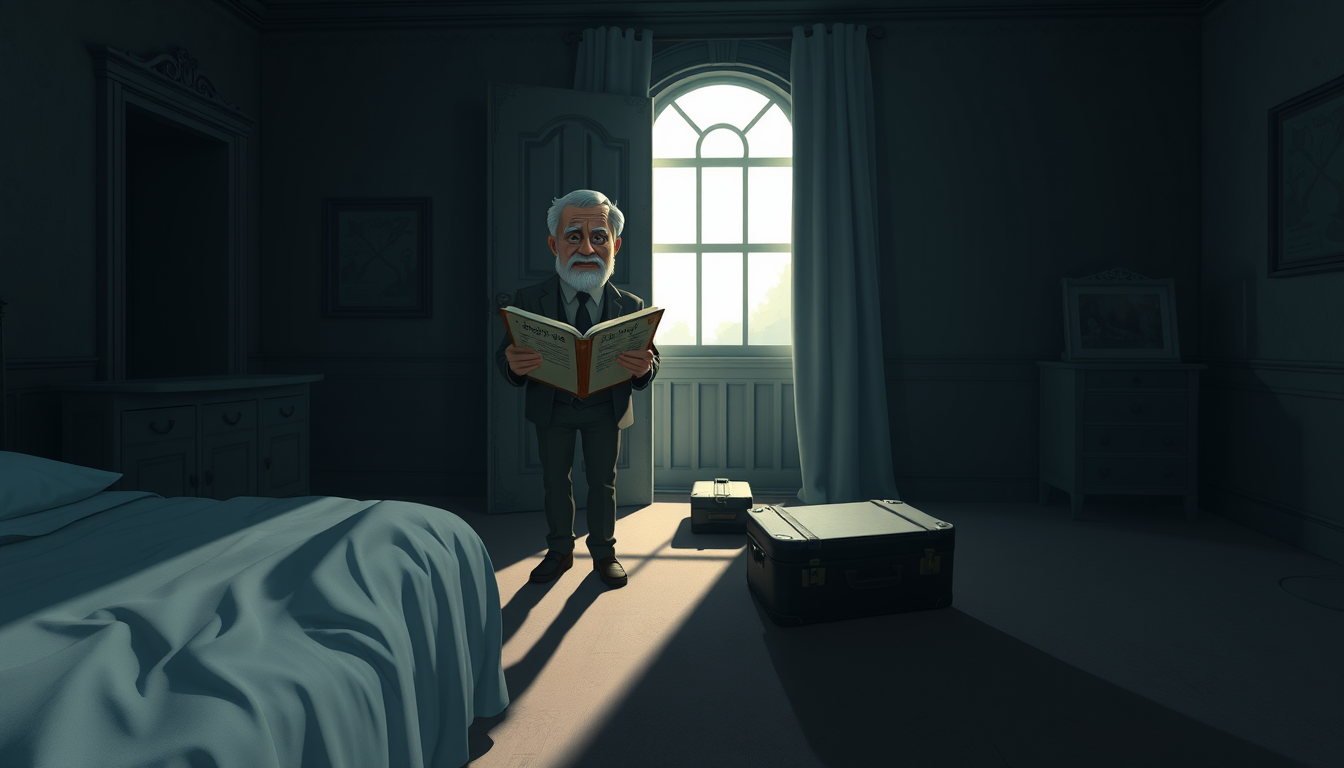 Main art studio: Create a high-quality 3D animated horror cartoon scene inside the same old haunted hotel the next morning. The hotel receptionist, the same elderly ma