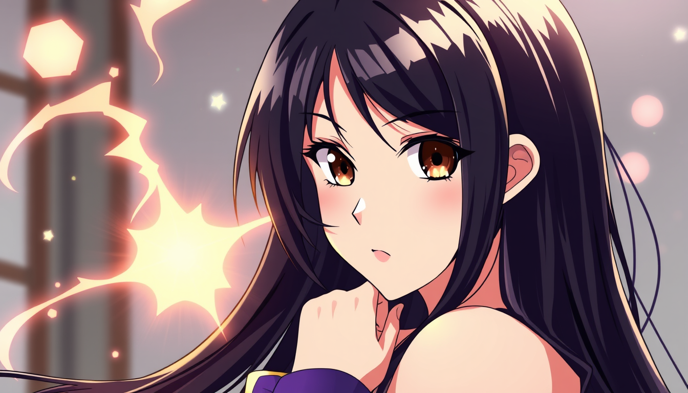 Anime idea: anime style, vibrant colors, expressive eyes, A sexy woman age 25. She secretly has magic. Black long hair, arms preferrably down. Clothed. Brown eyes