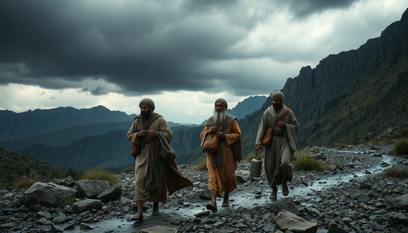 Main art studio: Three ancient Arabian travelers from the previous scene continuing their journey through a rugged mountain valley, suddenly caught in heavy rain, dark