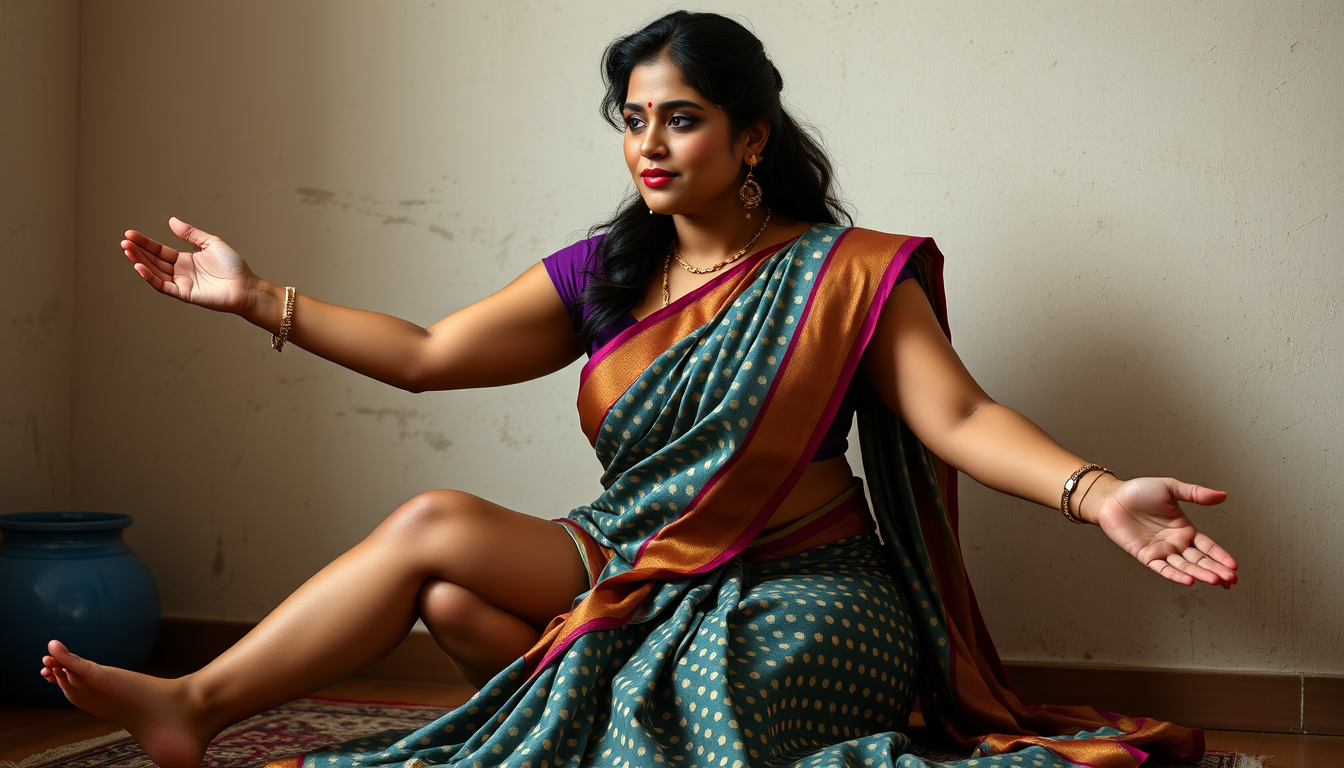 Main art studio: A desi indian woman with curvy busty body in saree hyper realistic sitting down spreading her legs where her blue dotted panty is seen