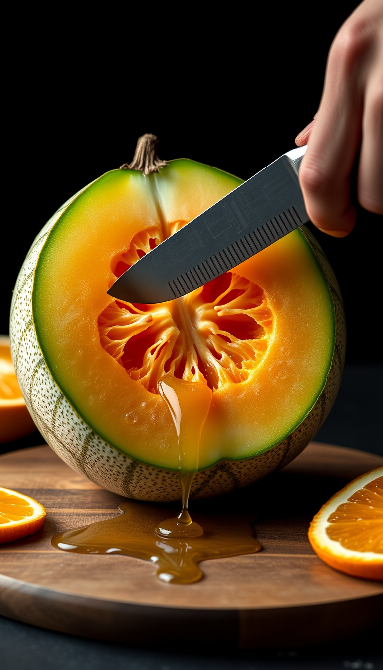 AI Art prompt example created from the prompt: Ultra-realistic 9:16 ASMR video of a cantaloupe made of transparent glass, with a pale green netted rind and glowing orange flesh. A hand ho
