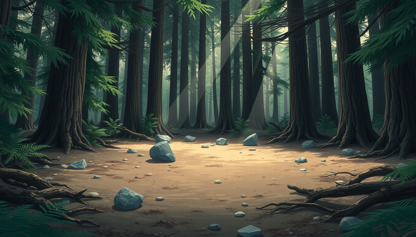 AI Art prompt example created from the prompt: A small natural clearing deep inside an old Japanese forest, open dirt ground surrounded by tall cedar trees, scattered stones, low ferns, e