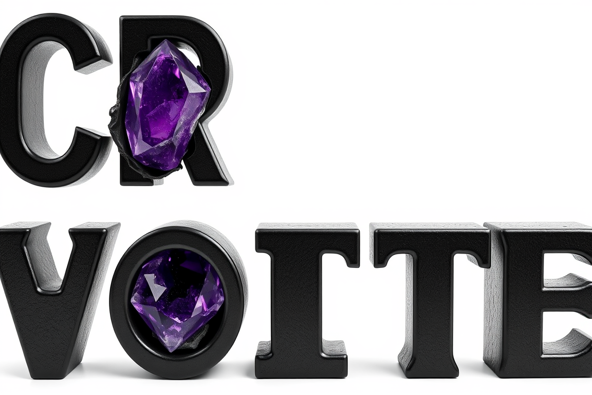 Main art studio: Create “CRYSTAL VOTE” as solid black forged-metal 3D letters. The amethyst is PART OF THE LETTER, not decoration. One small corner/section of metal is
