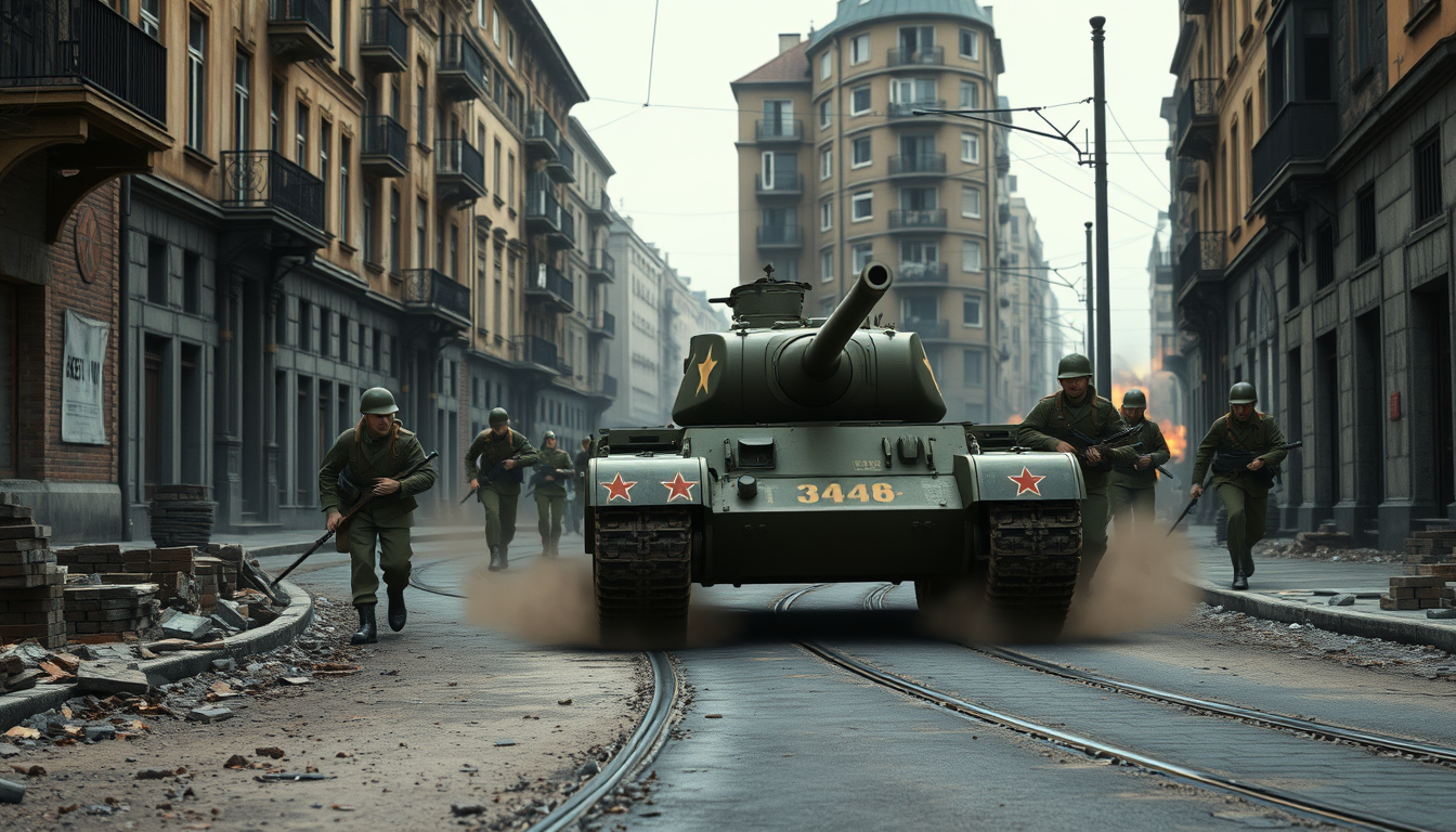 Main art studio: Cinematic 3D animated World War II street battle in Berlin, late April 1945, an authentic Soviet T-34-85 tank slowly advancing along a narrow street l
