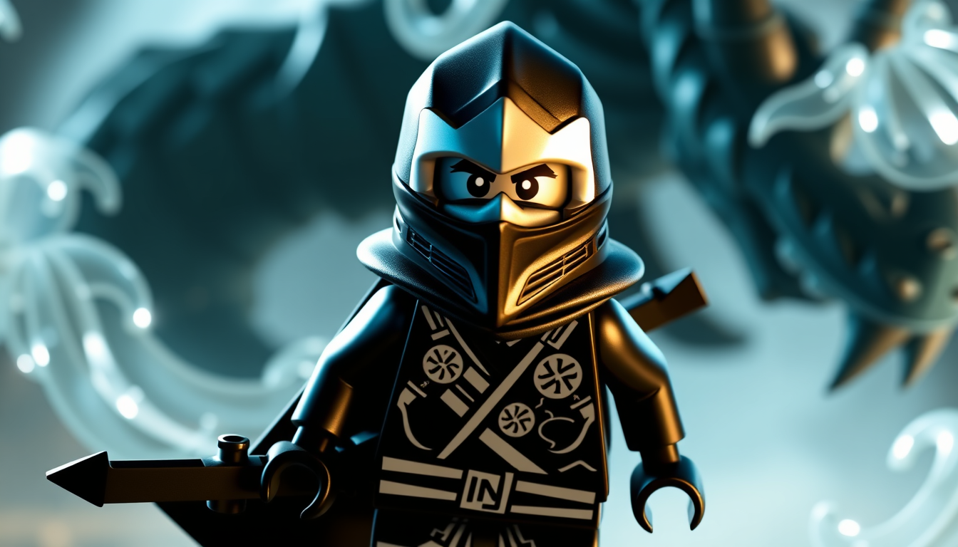 Characters idea: an original character defined by silhouette, role, outfit, palette, and expression, deliberate composition, Original LEGO ninja named Tiras. Black and