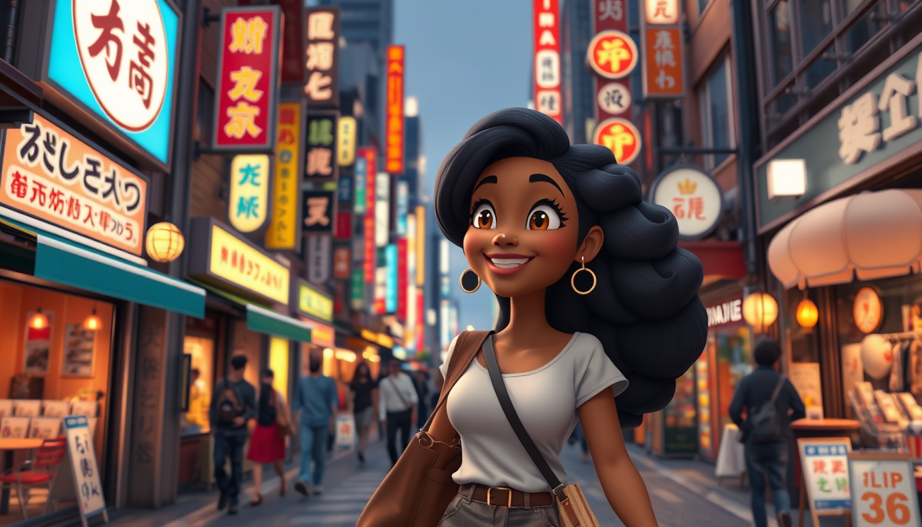 Main art studio: 3D animated movie scene of Brit, a fictional Black woman cartoon character, walking through Tokyo, Japan. She has long, voluminous black wavy-curly ha