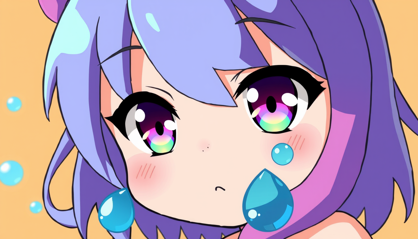 Anime idea: anime style, vibrant colors, expressive eyes, twitch emote, cute water droplet character, thick outline, readable at 28px , detailed anime illustratio