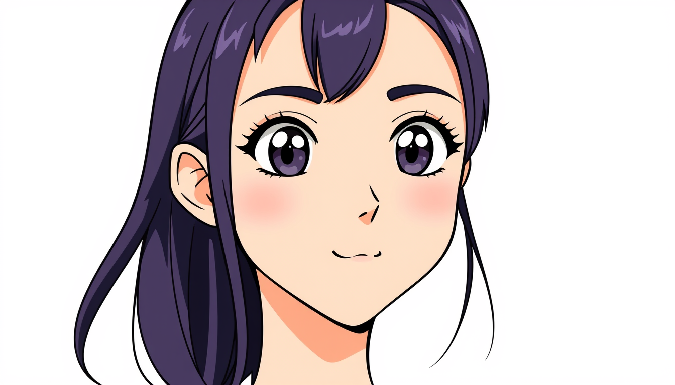 Main art studio: Personaje manga femenino Keisy, vista frontal, cabeza y rostro completos, cabello morado, ojos grandes estilo manga, rostro juvenil y amable. Estilo e