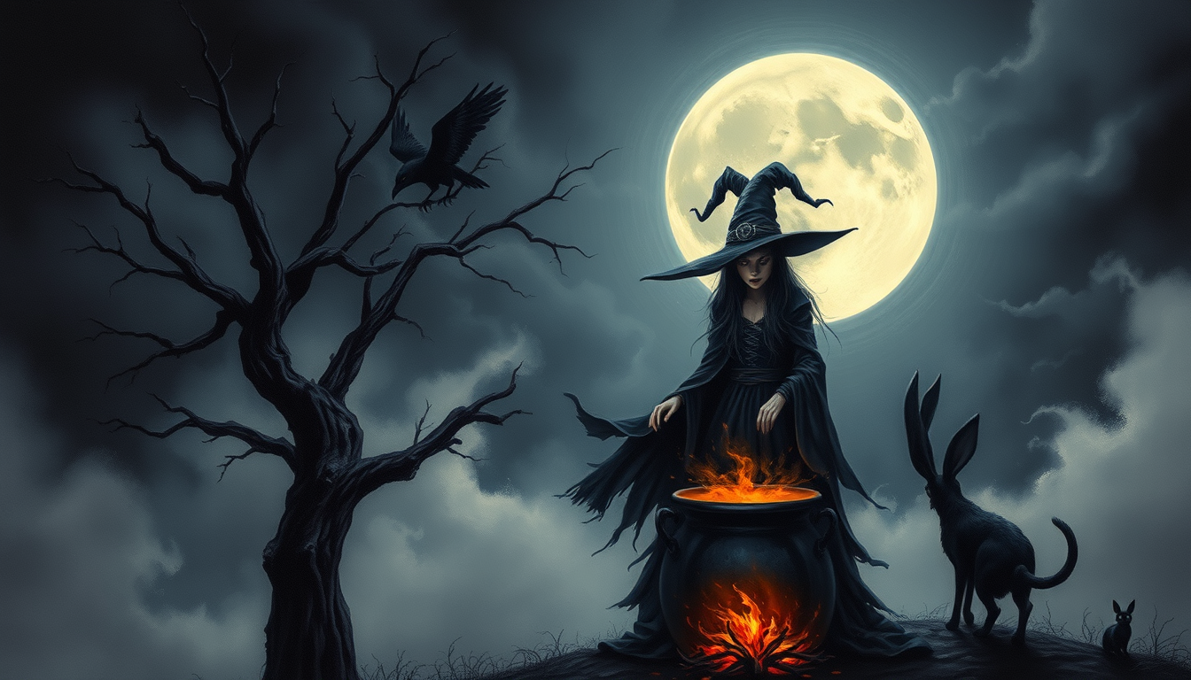 Main art studio: Moody halloween painting of a witch. A huge full moon, wispy clouds, ominous fog. The witch stands over a boiling, smoking cauldron. In the branch of