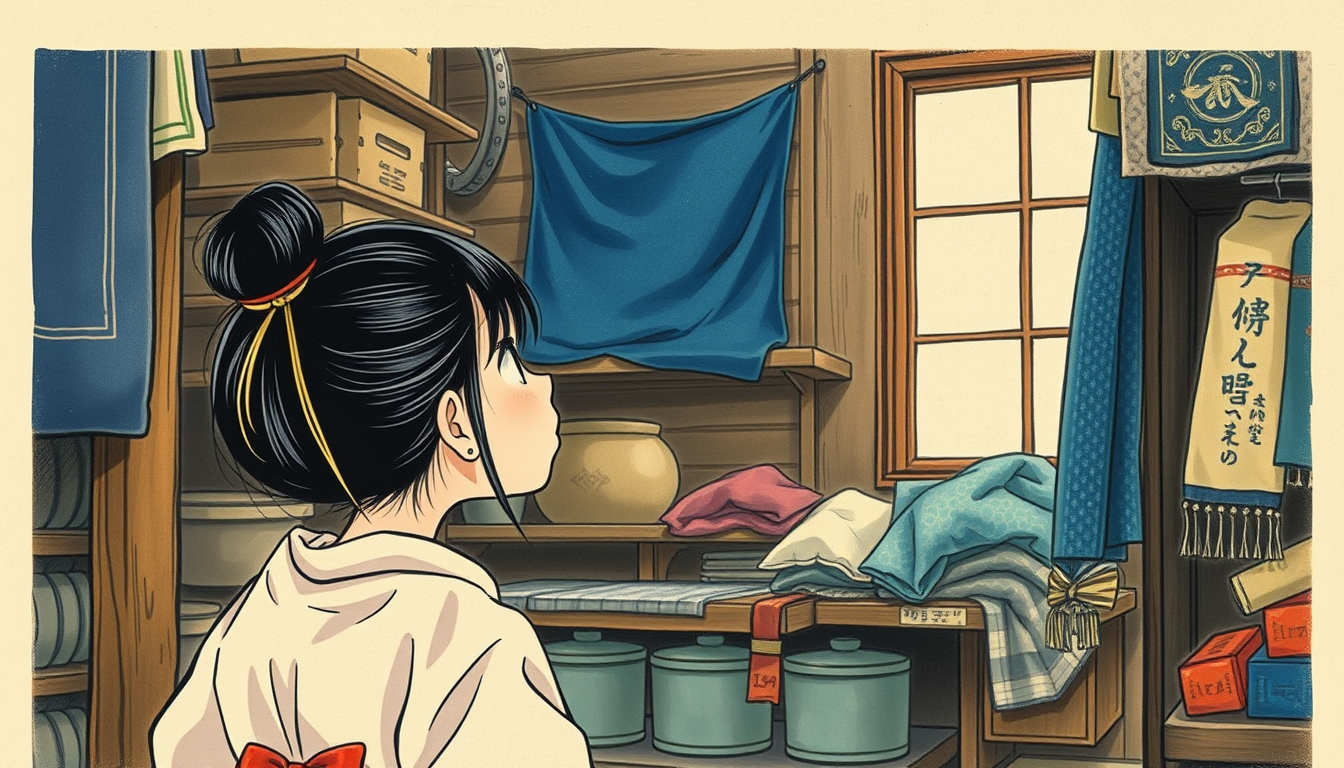 Main art studio: Little Japanese girl with her hair tied up, inside the old ramshackle shop looking up at the blue fabric way up high on a dusty shelf, barely visible