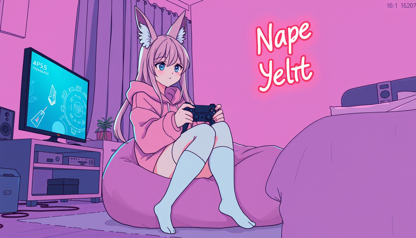 Word Art idea created from the prompt: decorative word art, stylized typography, artistic lettering, Hand-drawn anime illustration of adult Yae Miko gaming in her cozy, dim pink b