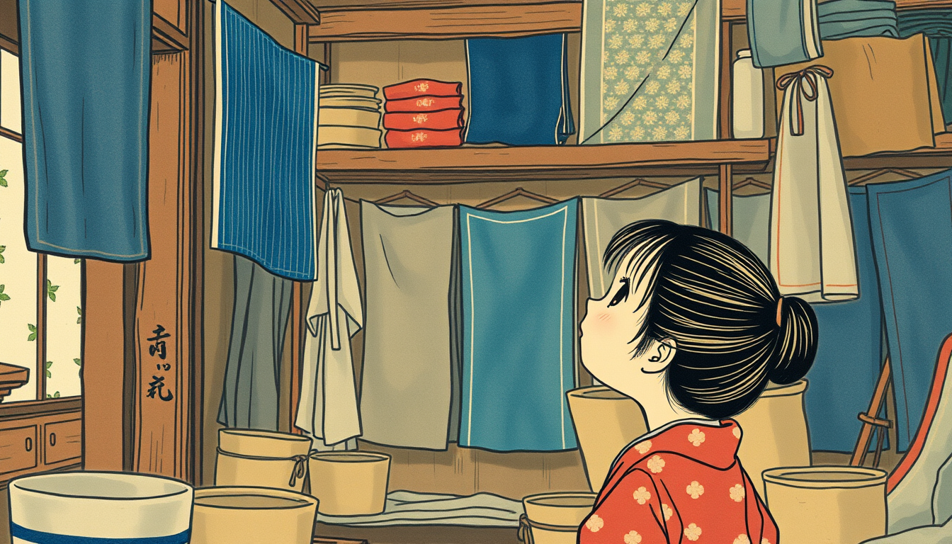 Main art studio: Little Japanese girl with her hair tied up, inside the old ramshackle shop looking up at the blue fabric way up high on a dusty shelf, barely visible