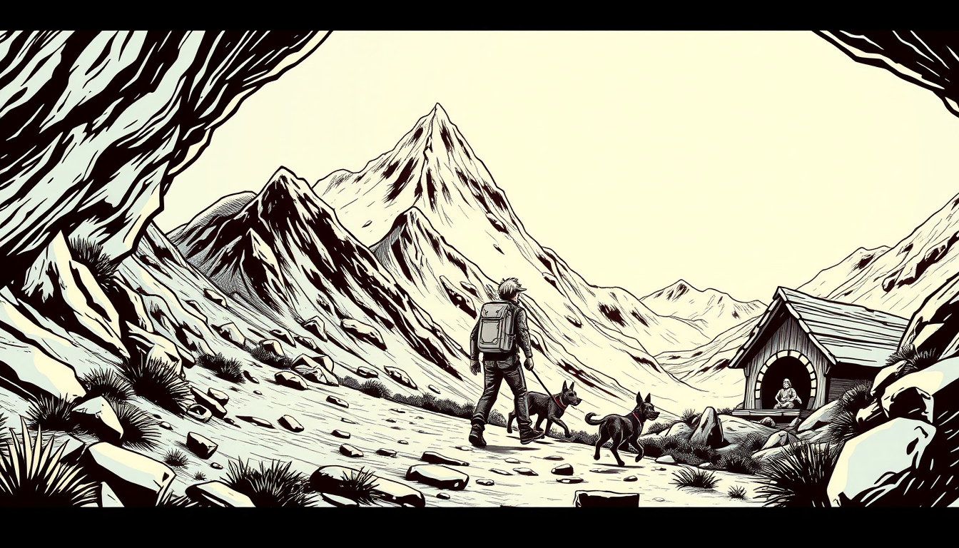 AI Comic idea created from the prompt: comic panel, bold inks, halftone shading, speech-bubble ready composition, Dibuja al mismo joven explorador siguiendo las huellas por una mo