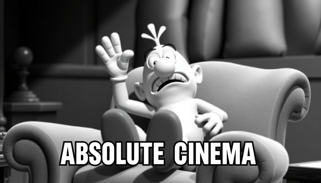 Main art studio: Olimar sentado en un sillón con las manos levantadas en L con el texto abajo de ABSOLUTE CINEMA recreando ese meme en blanco y negro y serio. (El Olim