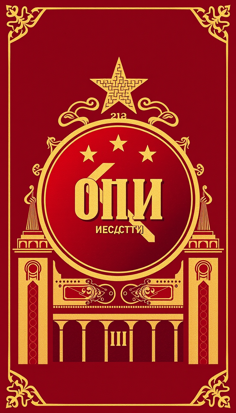 Main art studio: Soviet-era vintage propaganda-inspired emblem, red and dark burgundy background, golden USSR-inspired ornamental details, subtle Soviet architecture a
