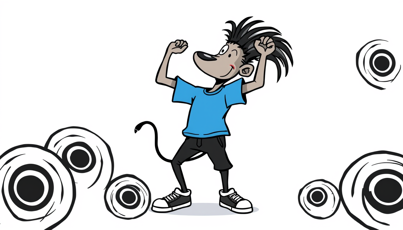 Main art studio: Dibujo sencillo de un monigote estilo cartoon, con camiseta azul, pantalón negro y zapatillas, haciendo el estiramiento de tríceps: levanta un brazo, 